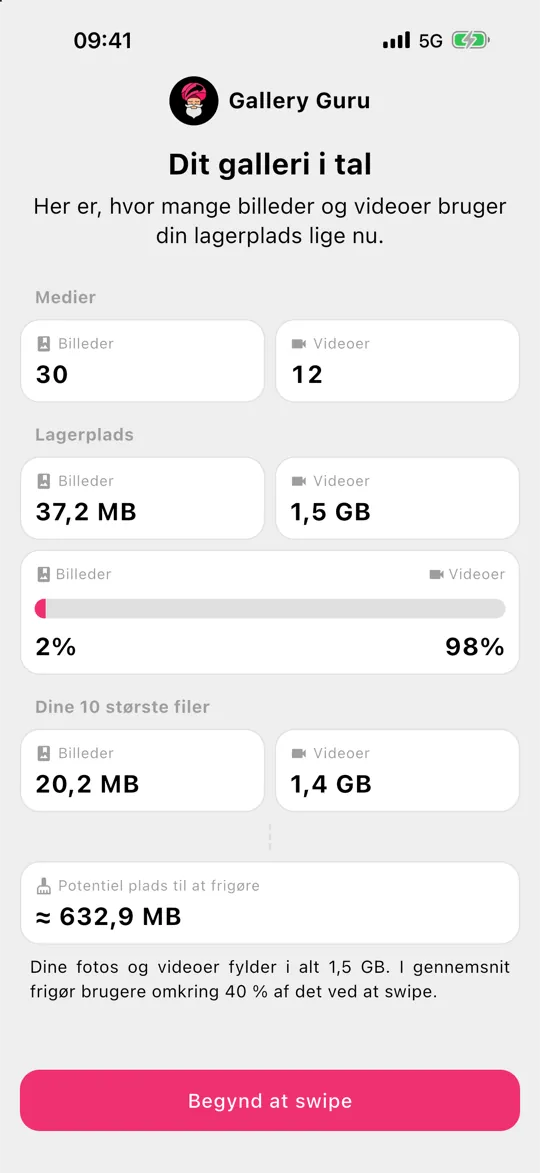 Gallery Guru-overblik over den lagerplads, dine billeder og videoer bruger