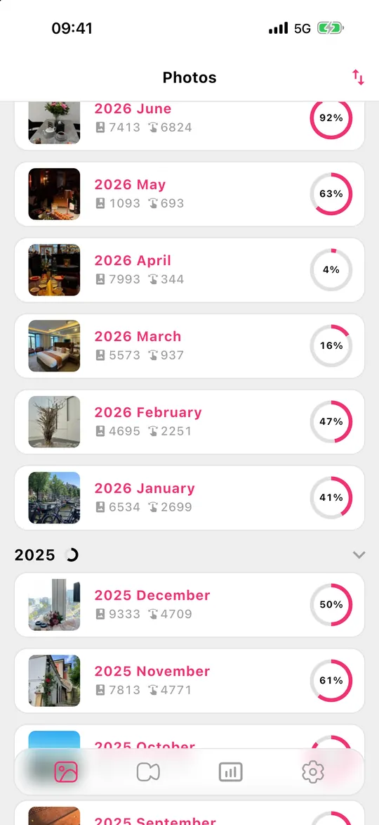 Gallery Guru month list with a progress ring for each month