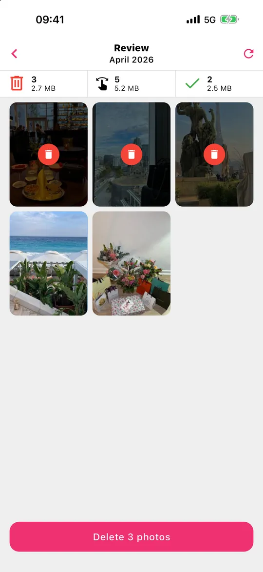 Gallery Guru review grid with the photos marked for deletion