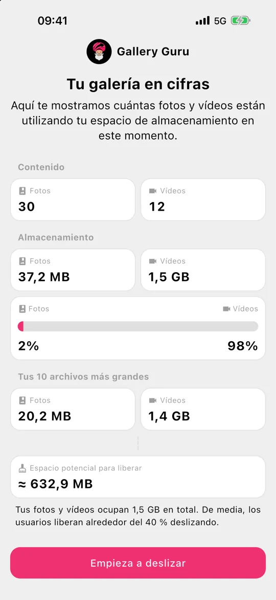Resumen de Gallery Guru del espacio que ocupan tus fotos y vídeos