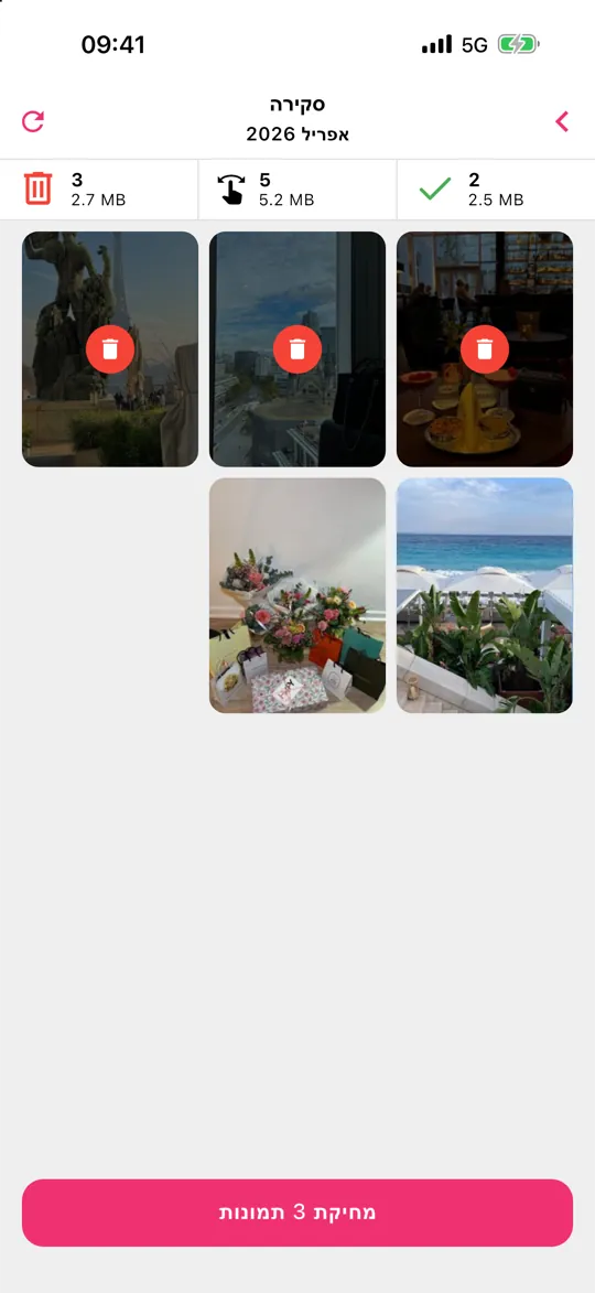 רשת הסקירה ב-Gallery Guru עם התמונות שסומנו למחיקה