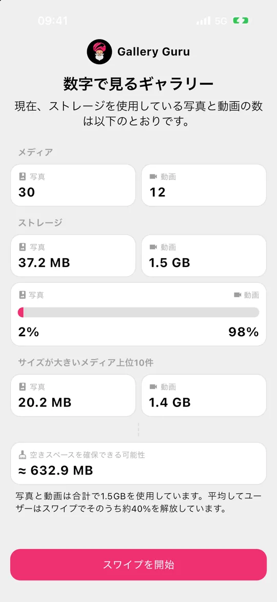 写真とビデオが使っているストレージを示す Gallery Guru の概要画面