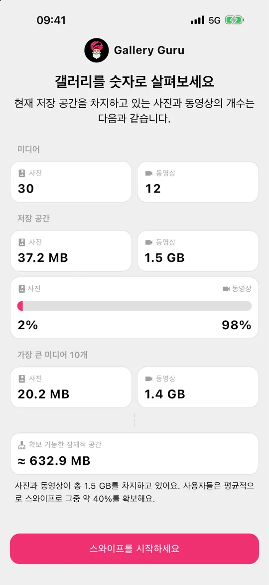사진과 동영상이 차지하는 저장 공간을 보여 주는 Gallery Guru 개요