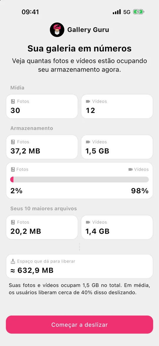 Visão geral do Gallery Guru com o espaço ocupado por suas fotos e vídeos