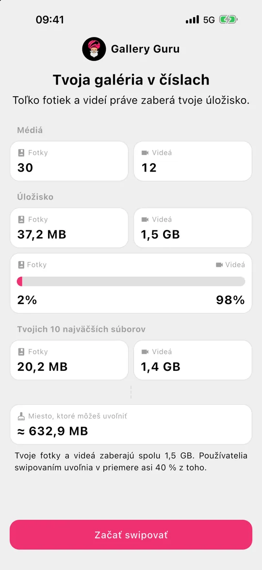 Prehľad v Gallery Guru, koľko miesta zaberajú tvoje fotky a videá