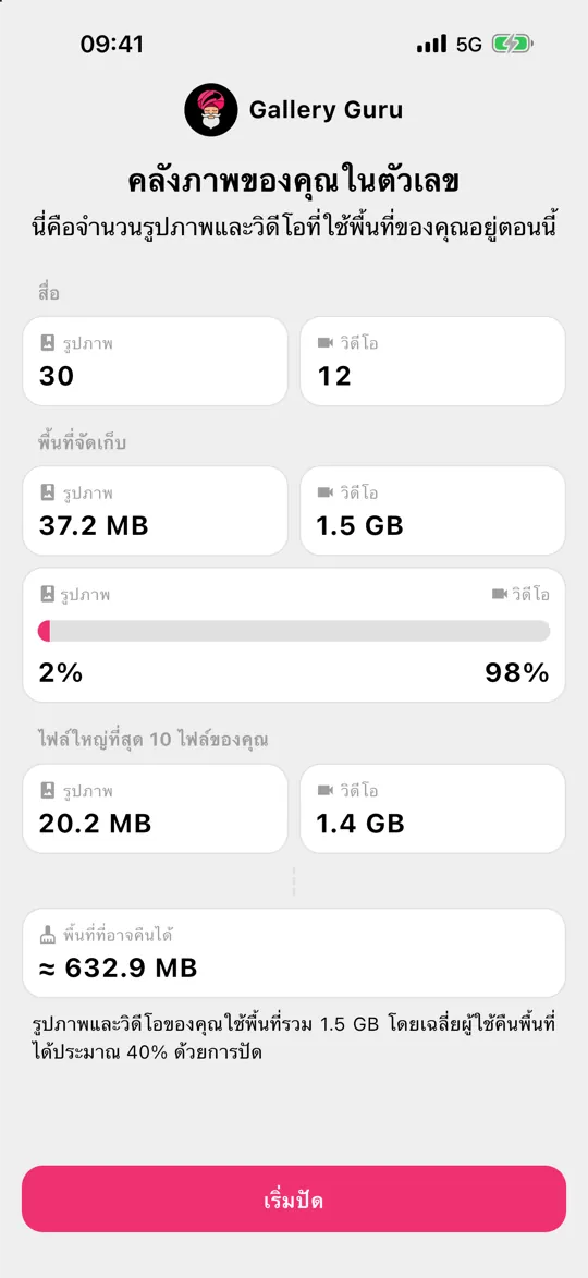 ภาพรวมใน Gallery Guru แสดงพื้นที่ที่รูปภาพและวิดีโอของคุณใช้