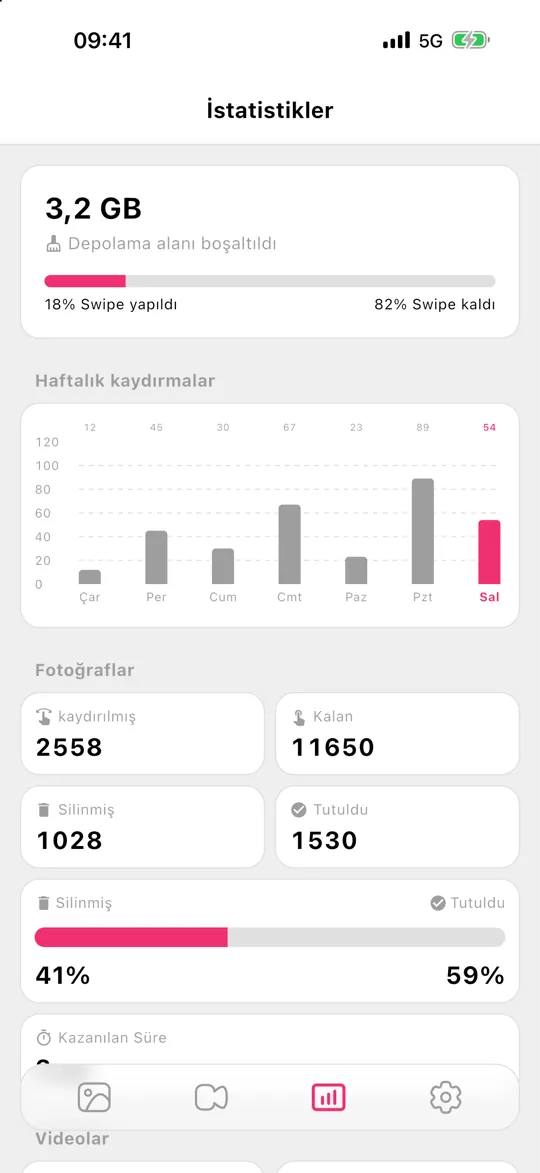 Açılan depolama alanını gösteren Gallery Guru istatistikleri