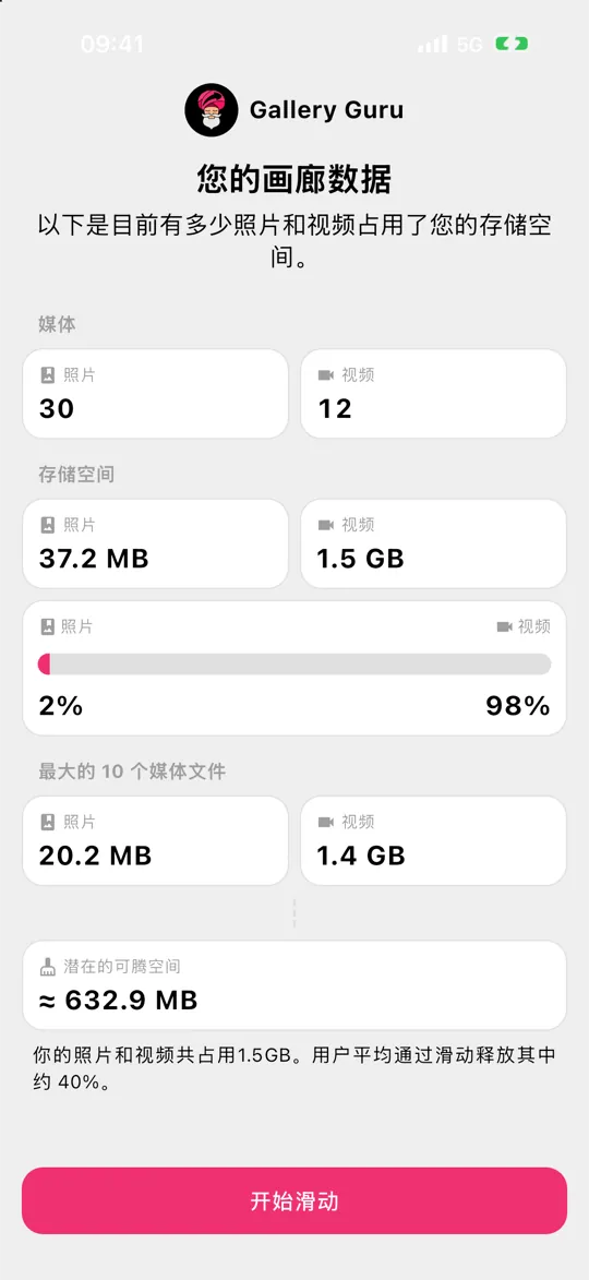 Gallery Guru 概览，显示照片和视频占用的储存空间